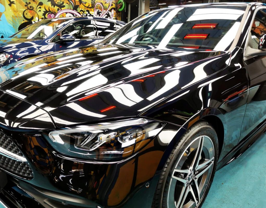The Mercedes-Benz C200 from a side angle after the titanium coating.