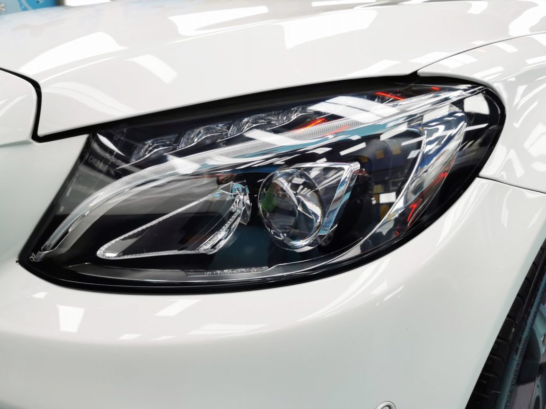 The C43 AMG's coated paintwork showing clean reflections.
