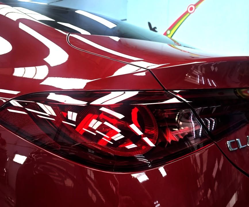 Close-up of the CLA tail light on the red rear deck.