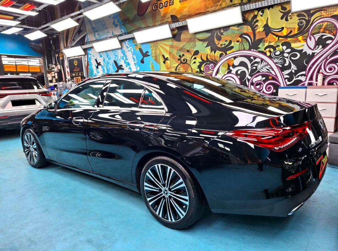 Rear quarter of the Mercedes-Benz CLA180, glossy and protected.