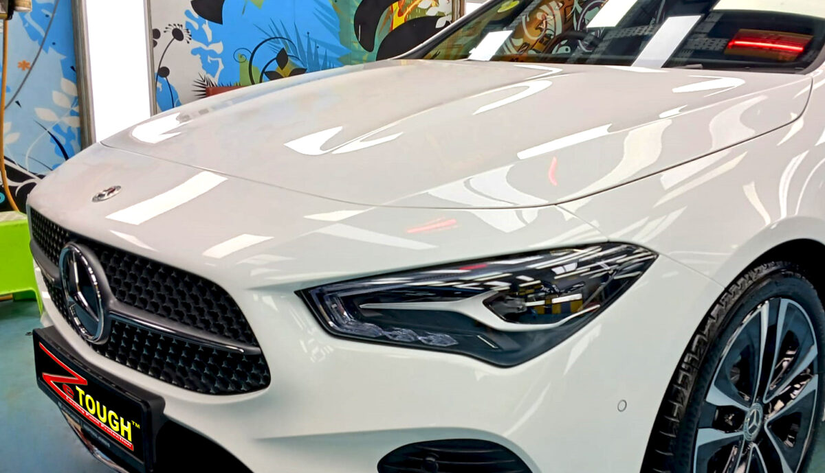 The Mercedes-Benz CLA180 from a side angle after the titanium coating.