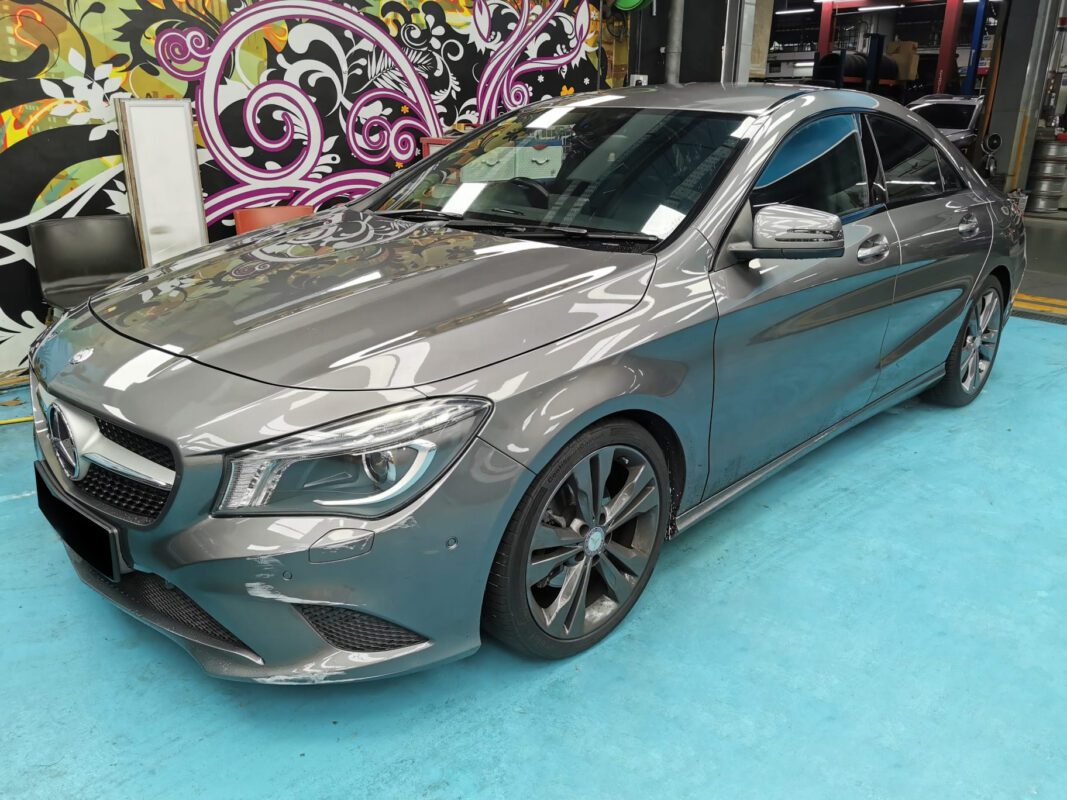 The Mercedes-Benz CLA180 as it arrived at Revol Carz, showing blemished paintwork before the respray.