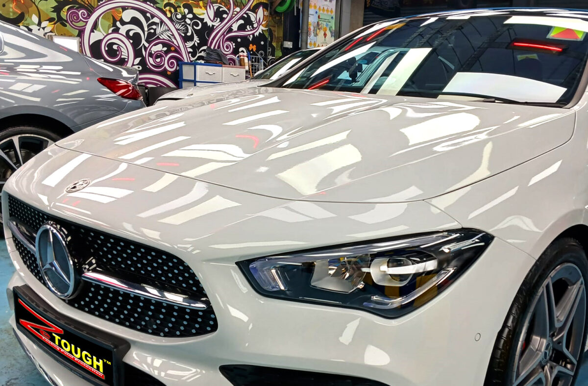 The Mercedes-Benz CLA180 from a side angle after the titanium coating.