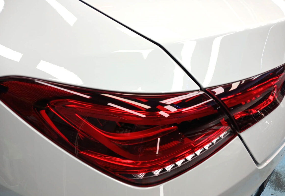 Rear quarter of the Mercedes-Benz CLA180, glossy and protected.