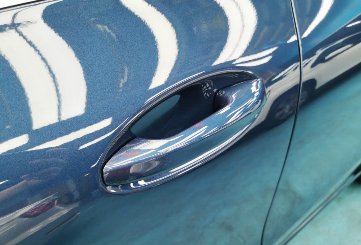 Front three-quarter view of the Mercedes-Benz CLA180 after coating.
