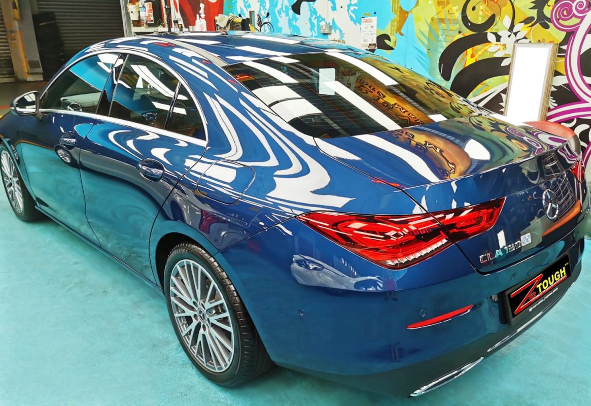 Rear quarter of the Mercedes-Benz CLA180, glossy and protected.