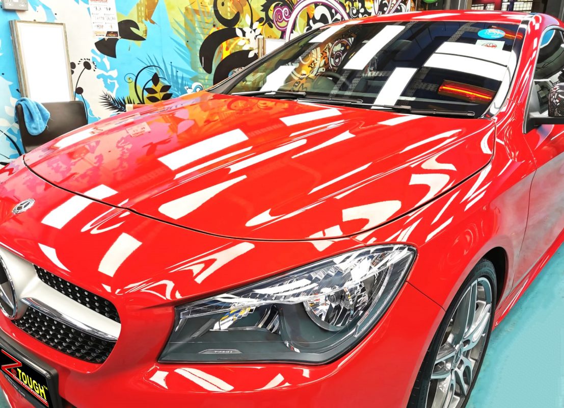 The Mercedes-Benz CLA180 from a side angle after the ceramic coating.