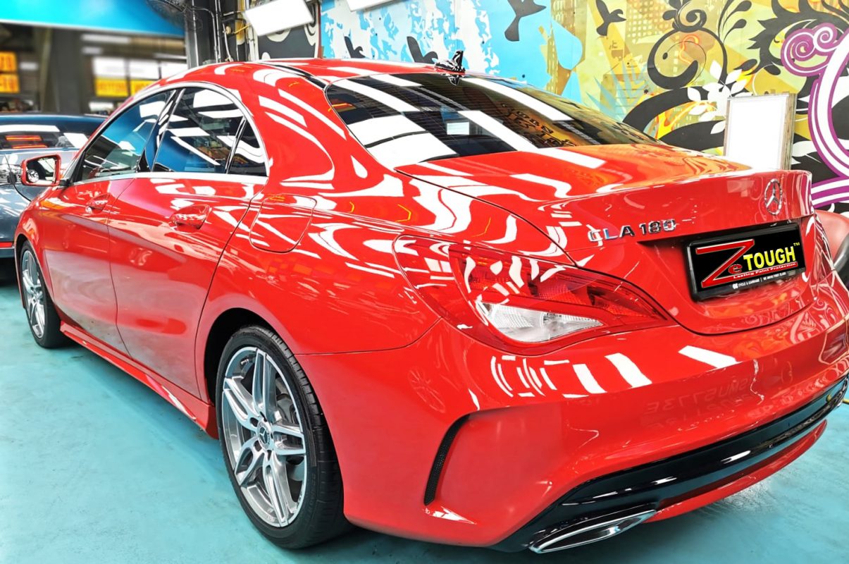 Rear quarter of the Mercedes-Benz CLA180, glossy and protected.