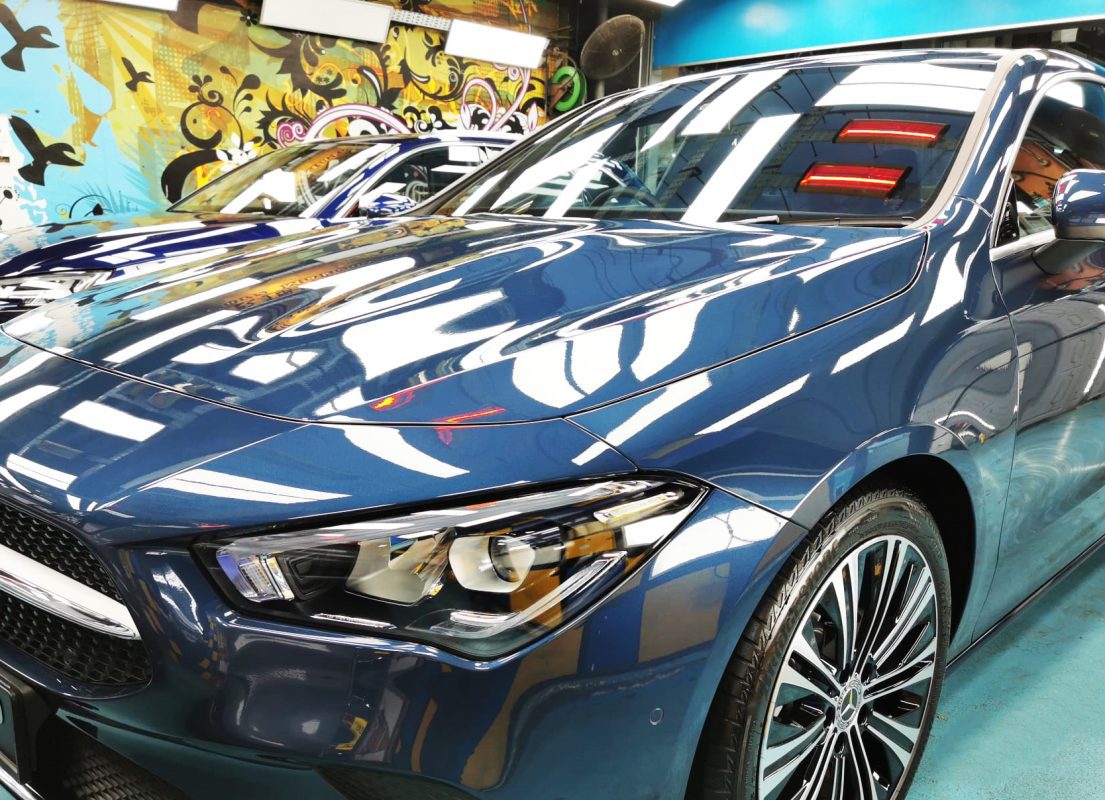 The Mercedes-Benz CLA180 from a side angle after the titanium coating.