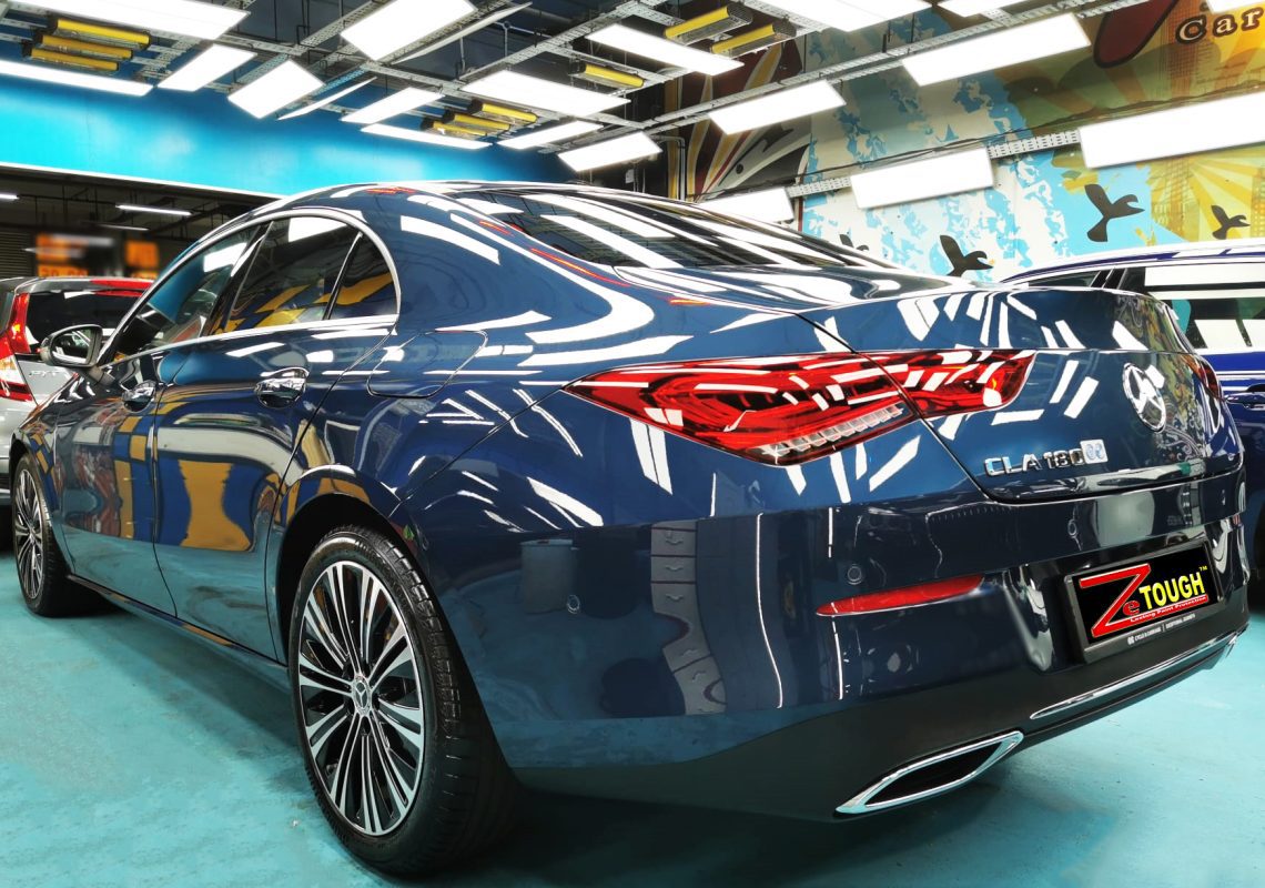 Rear quarter of the Mercedes-Benz CLA180, glossy and protected.