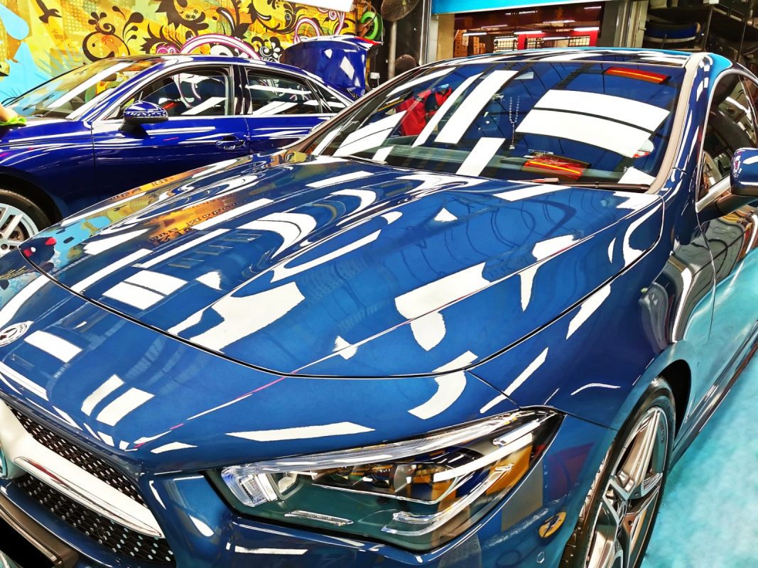 The Mercedes-Benz CLA180 from a side angle after the ceramic coating.