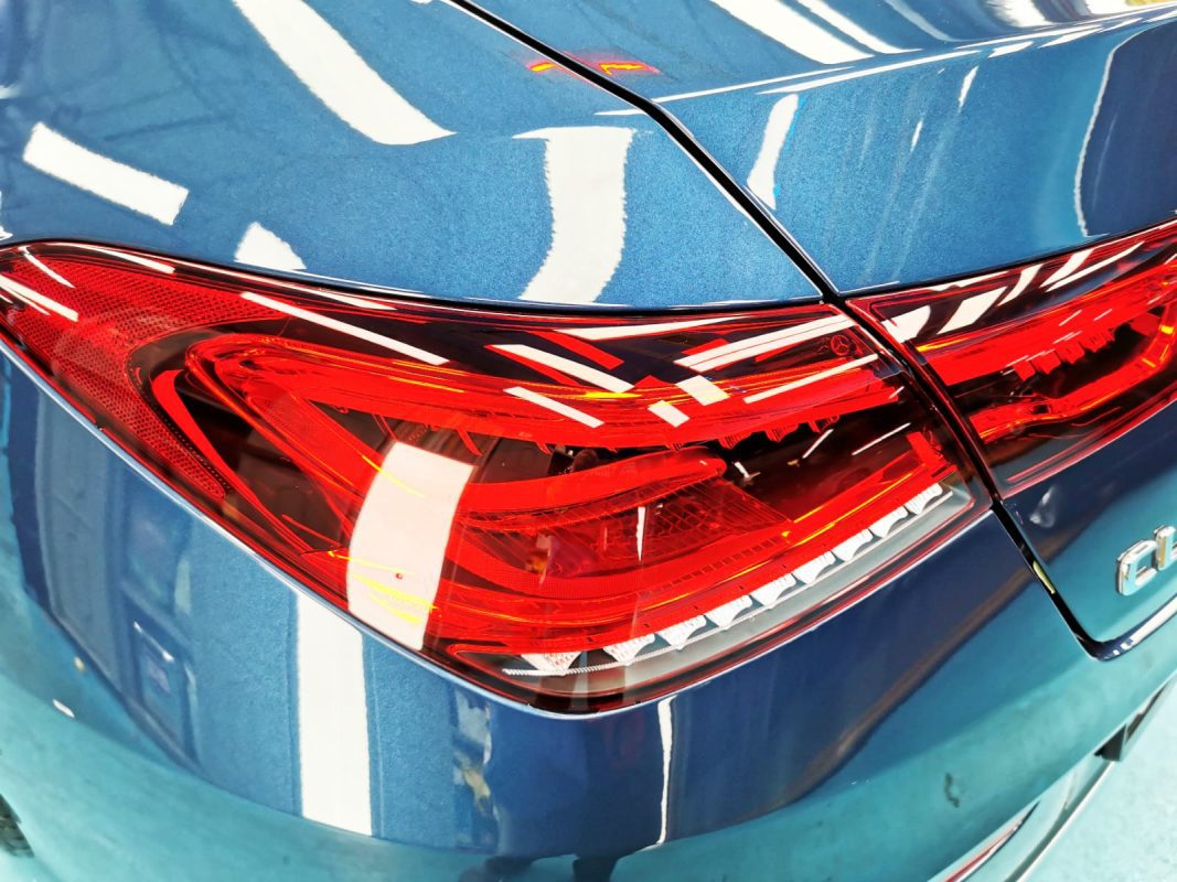 Rear quarter of the Mercedes-Benz CLA180, glossy and protected.