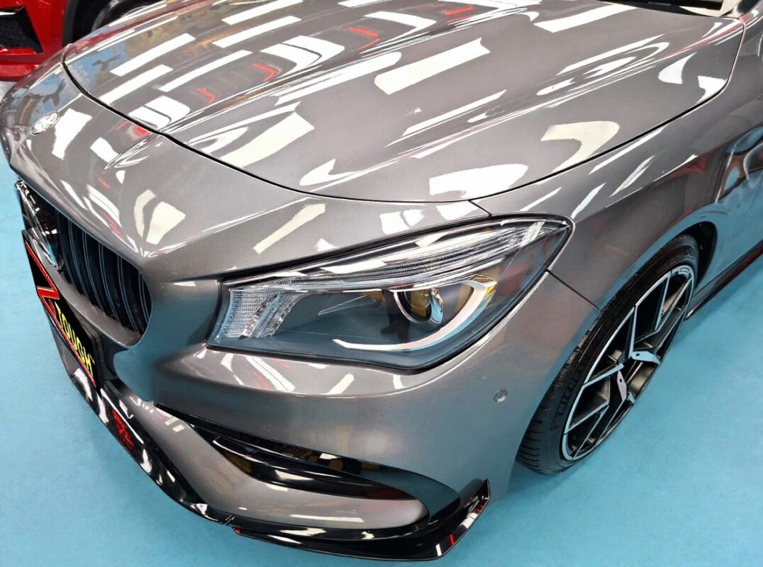 The Mercedes-Benz CLA200 from a side angle after the ceramic coating.
