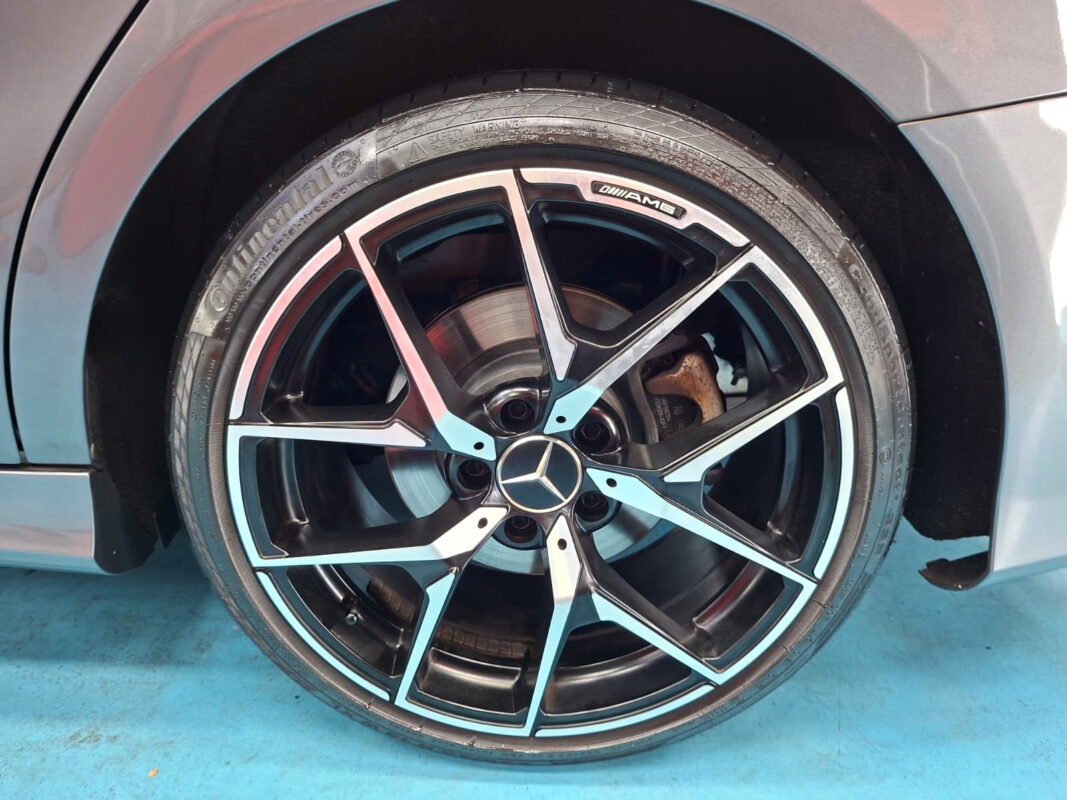 Rear quarter of the Mercedes-Benz CLA200, glossy and protected.