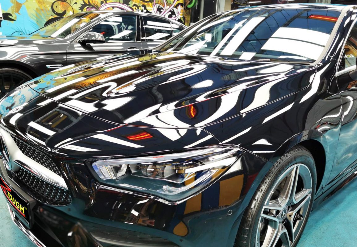 The Mercedes-Benz CLA200 from a side angle after the titanium coating.