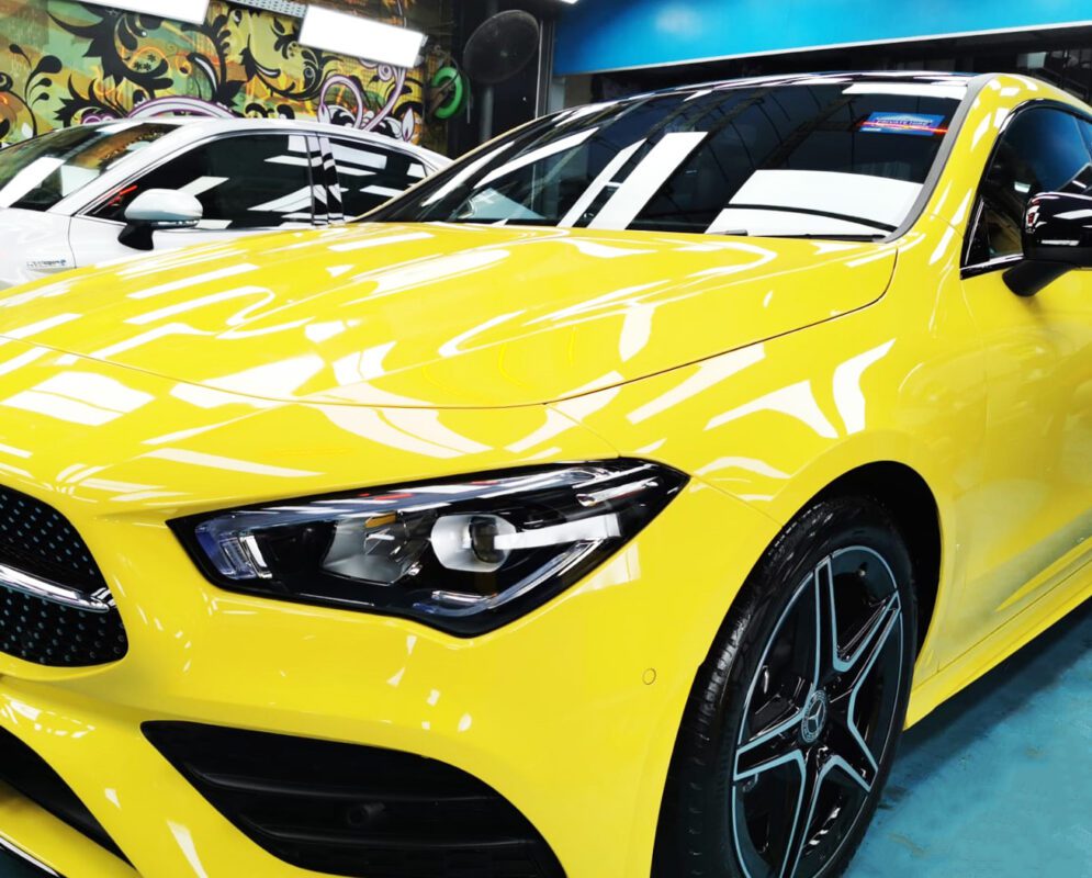 The Mercedes-Benz CLA250 from a side angle after the titanium coating.