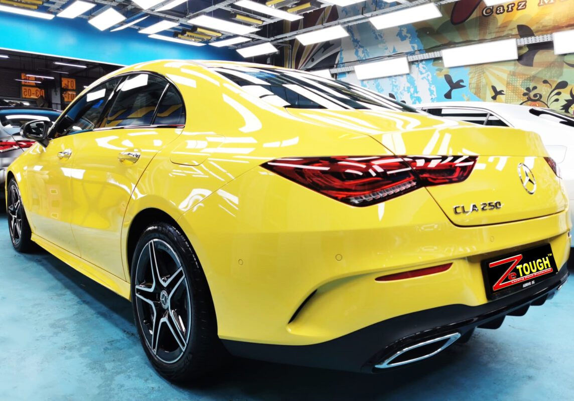 Rear quarter of the Mercedes-Benz CLA250, glossy and protected.