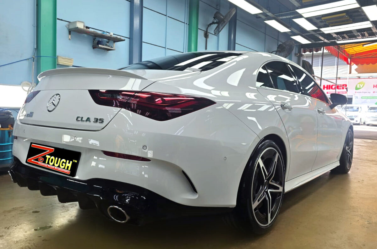 Rear quarter of the Mercedes-Benz CLA35, glossy and protected.