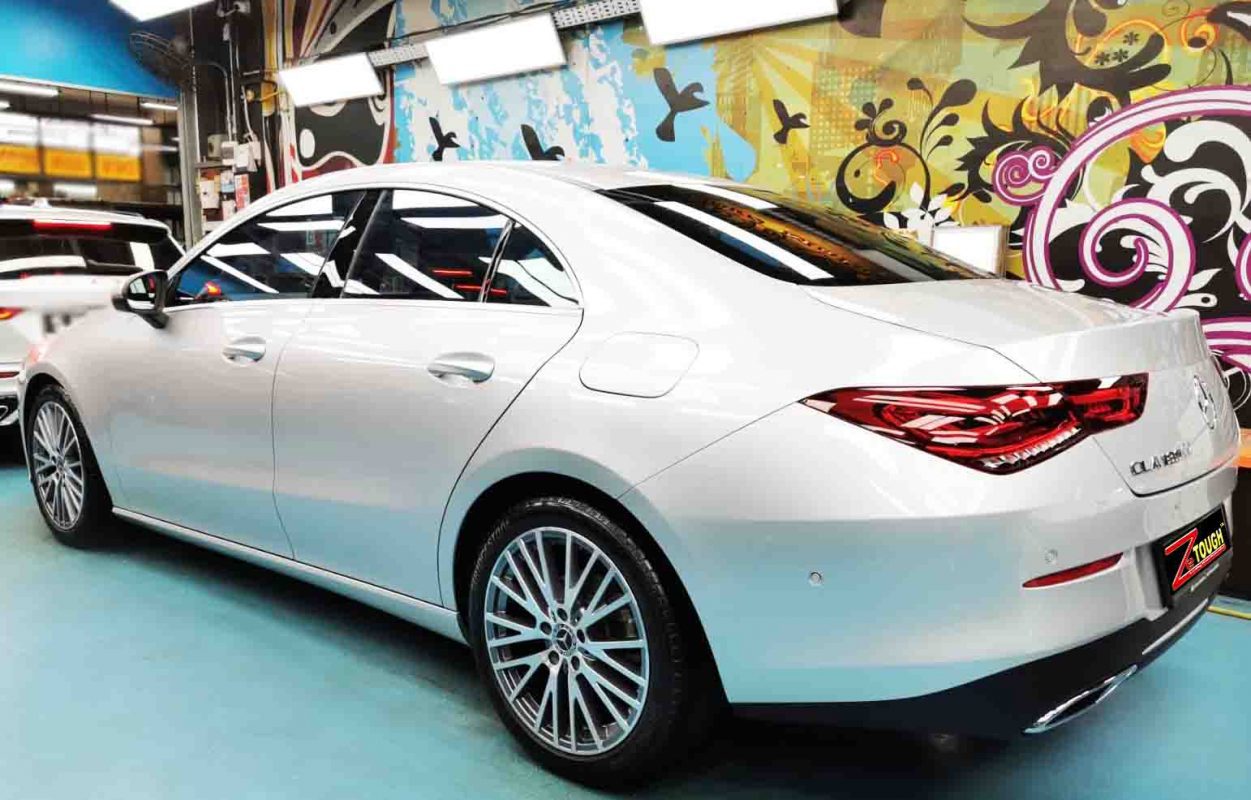 Rear quarter of the Mercedes-Benz CLA, glossy and protected.