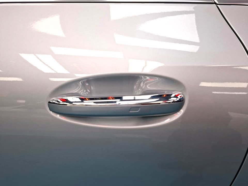 Chrome door handle on the silver door panel.