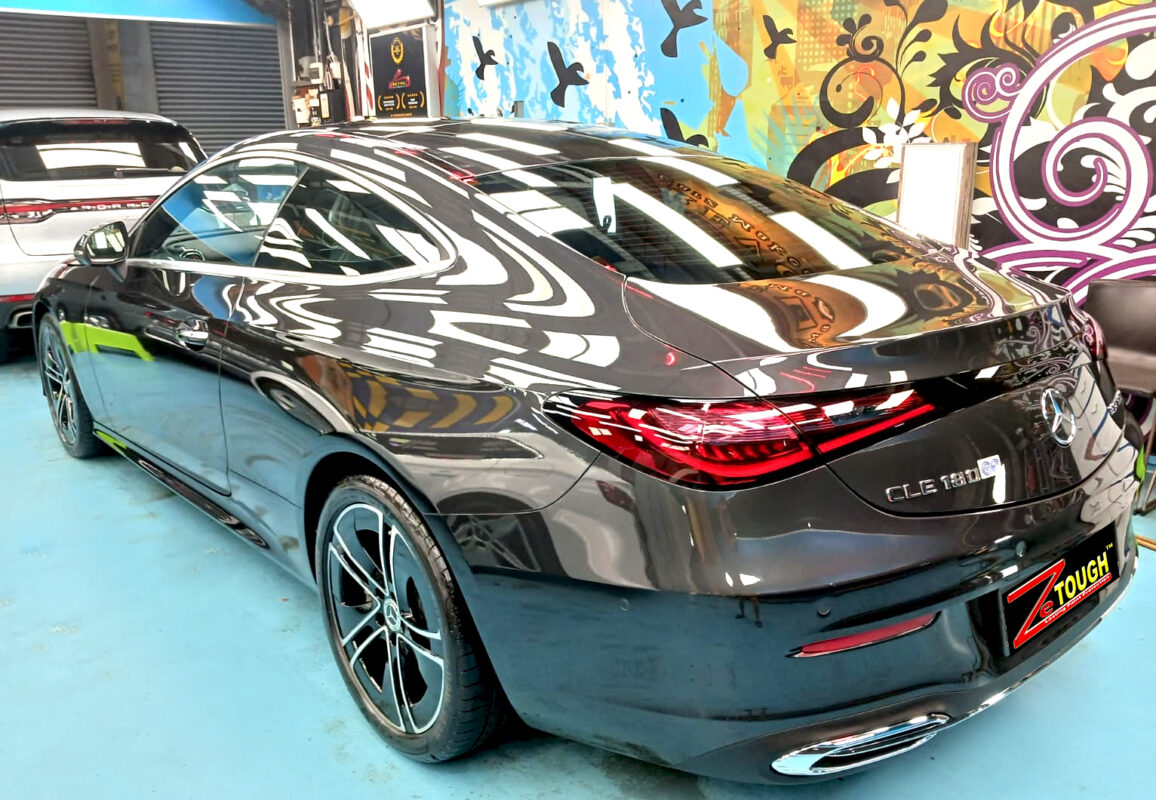 Rear quarter of the Mercedes-Benz CLE180, glossy and protected.