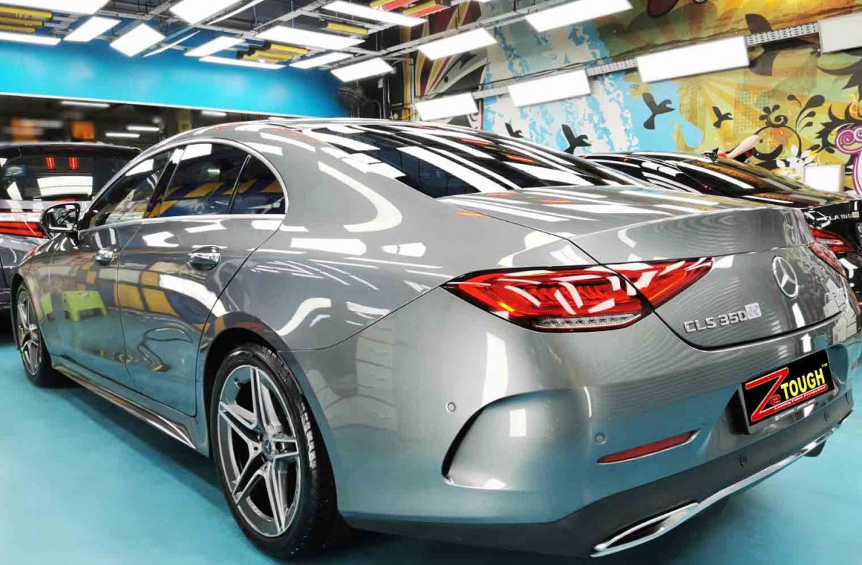 Rear quarter of the Mercedes-Benz CLS 350, glossy and protected.