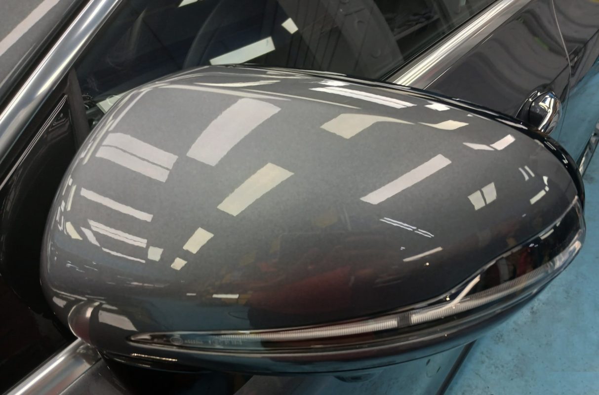 The Mercedes-Benz CLS350 parked in the workshop, freshly coated.