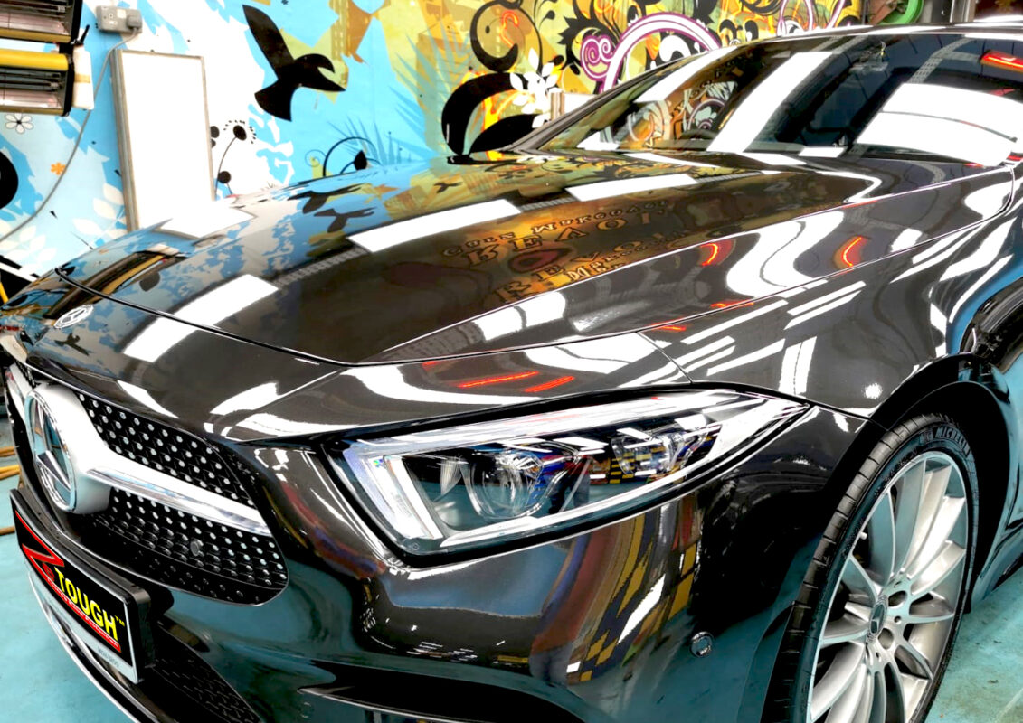 The Mercedes-Benz CLS450 from a side angle after the titanium coating.