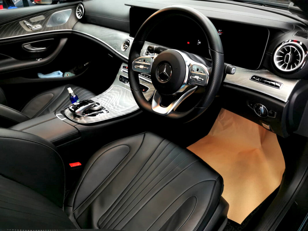 The Mercedes-Benz CLS450 parked in the workshop, freshly coated.