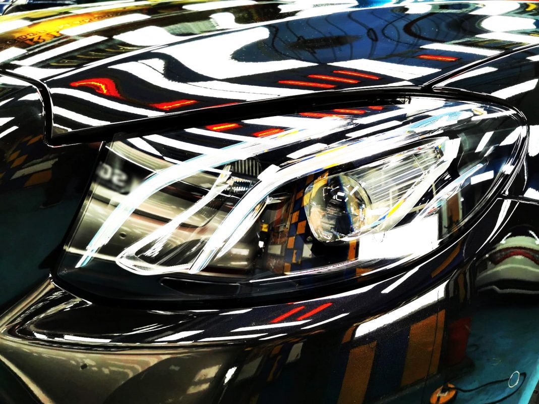 The E180's coated paintwork showing clean reflections.
