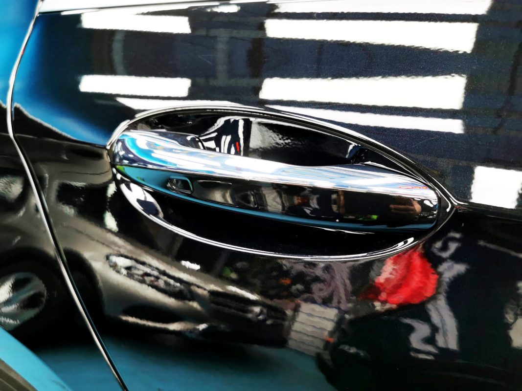 Front three-quarter view of the Mercedes-Benz E180 after coating.