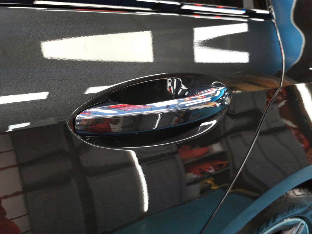 Front three-quarter view of the E200 AMG after coating.