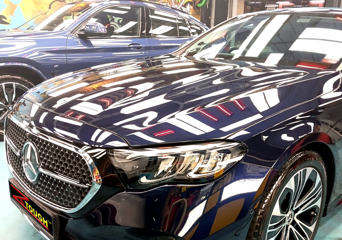 The Mercedes-Benz E200 from a side angle after the titanium coating.