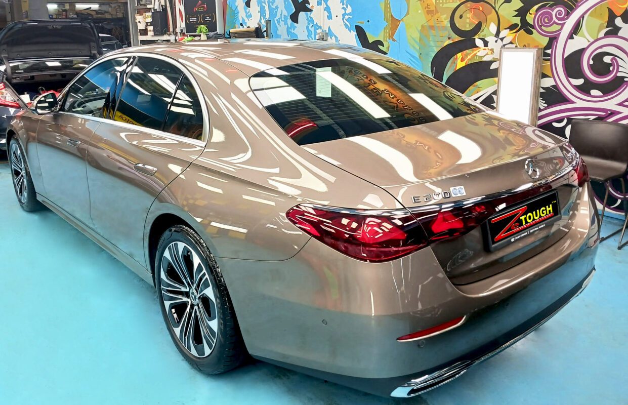 Front three-quarter view of the Mercedes-Benz E200 after coating.