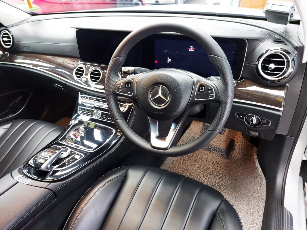 The Mercedes-Benz E250A parked in the workshop, freshly coated.