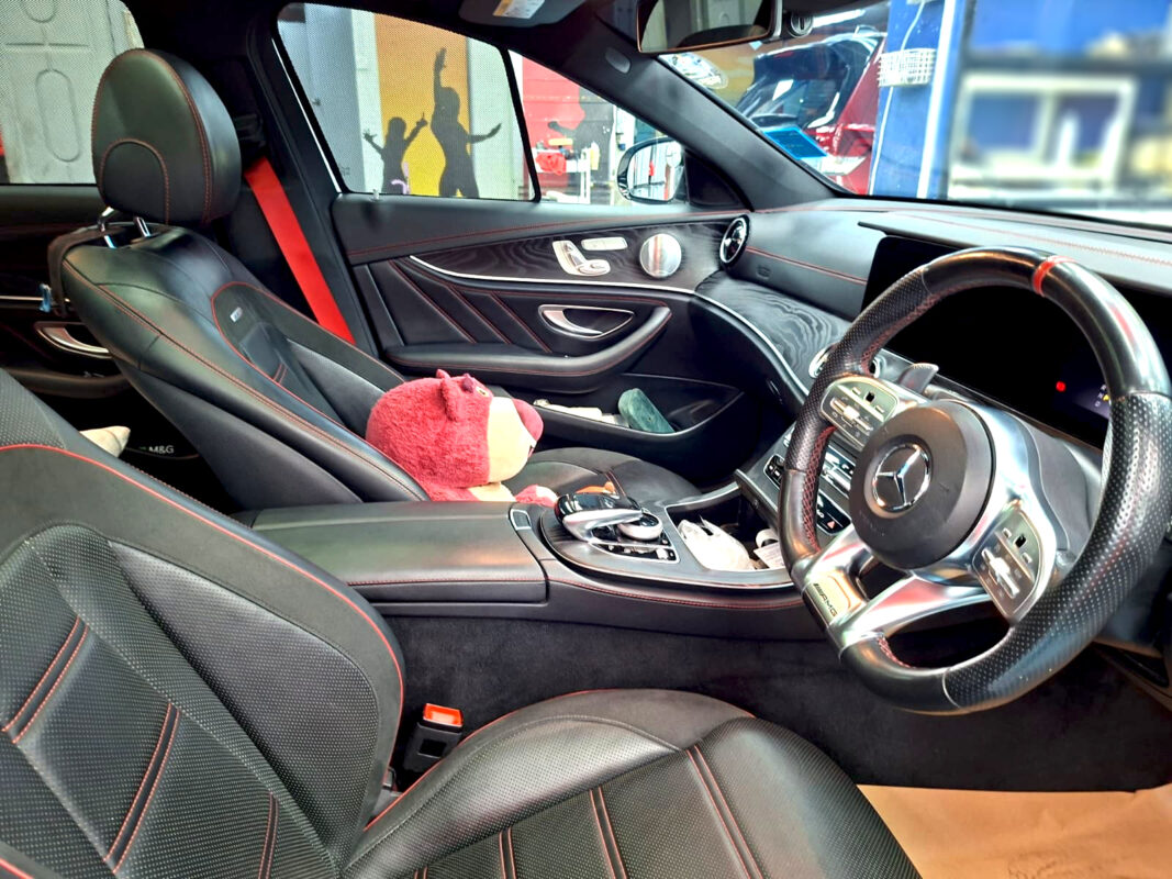 The Mercedes-Benz E53 parked in the workshop, freshly coated.