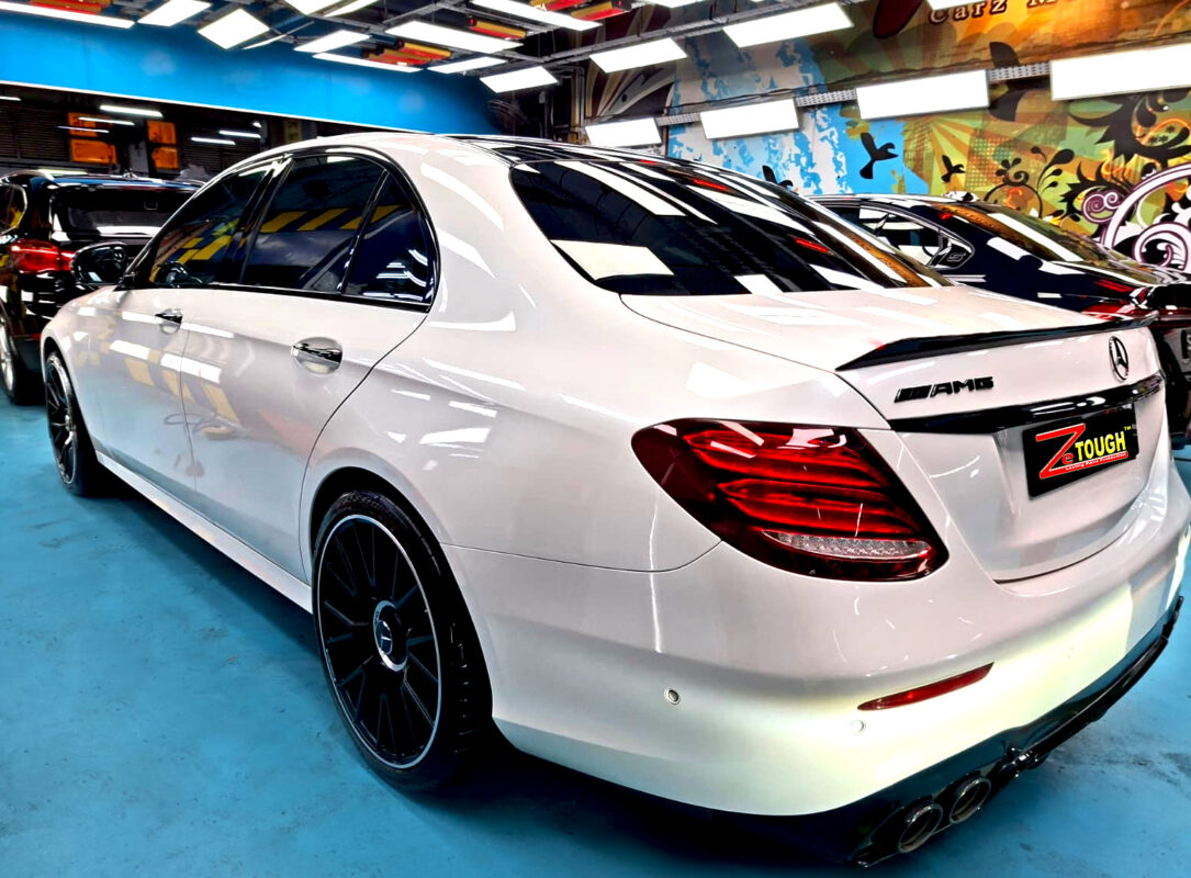 Front three-quarter view of the Mercedes-Benz E53 after coating.