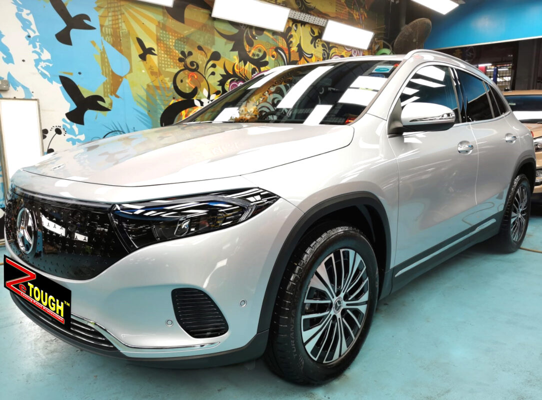 The Mercedes-Benz EQA250+ from a side angle after the titanium coating.