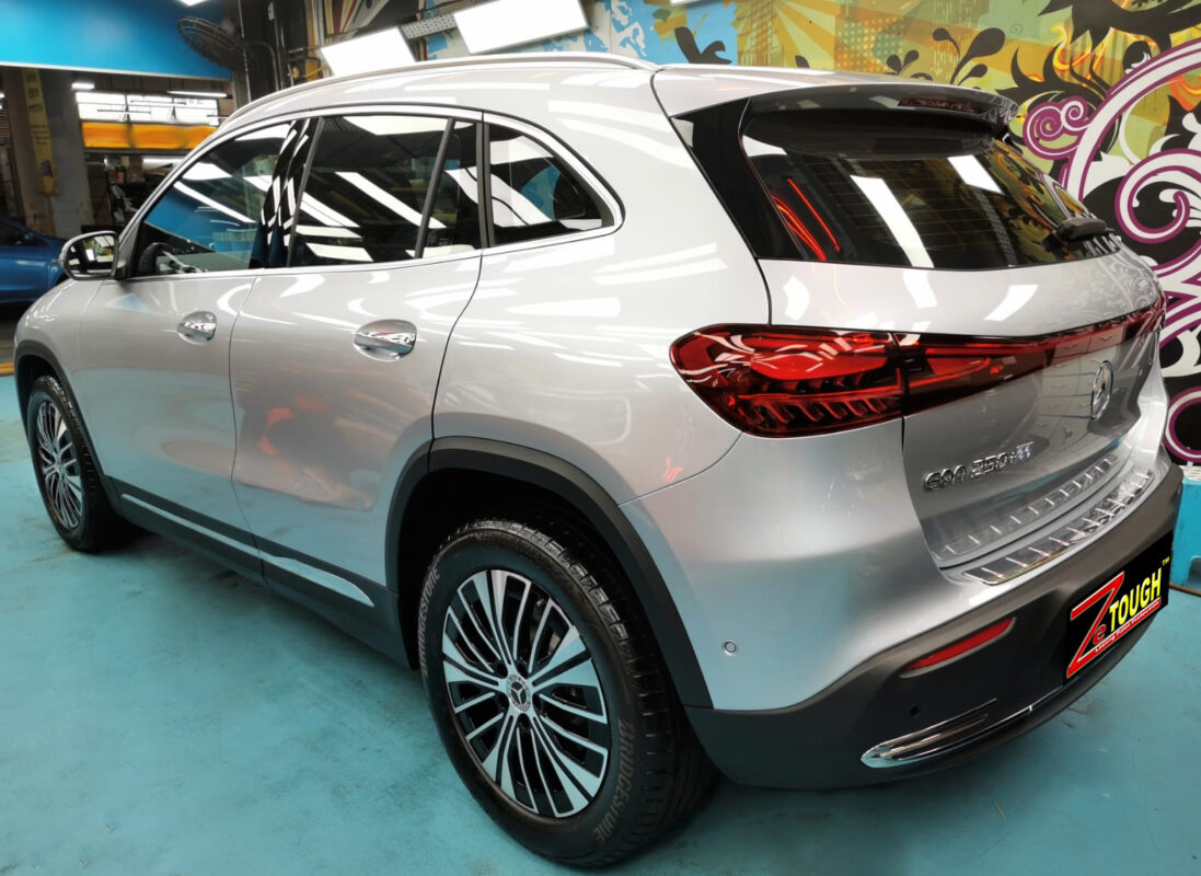 Rear quarter of the Mercedes-Benz EQA250+, glossy and protected.