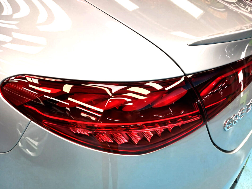 Front three-quarter view of the Mercedes-Benz EQE 300 after coating.