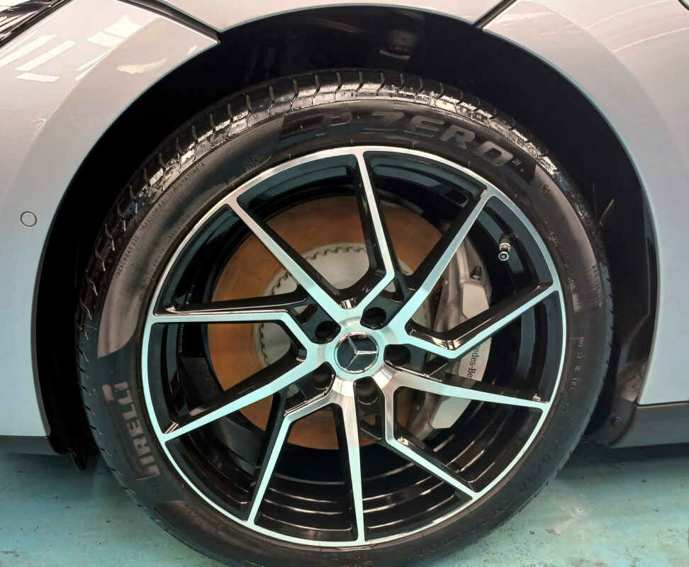 Rear quarter of the Mercedes-Benz EQE 300, glossy and protected.