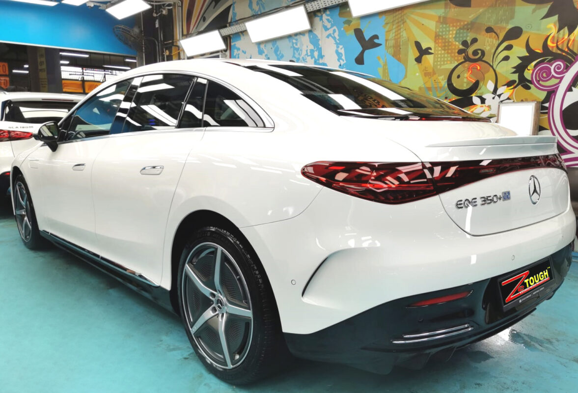 Front three-quarter view of the Mercedes-Benz EQE350 after coating.