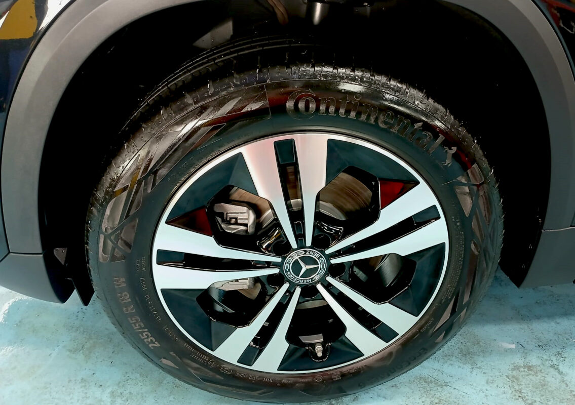 Rear quarter of the Mercedes-Benz GLA 180, glossy and protected.