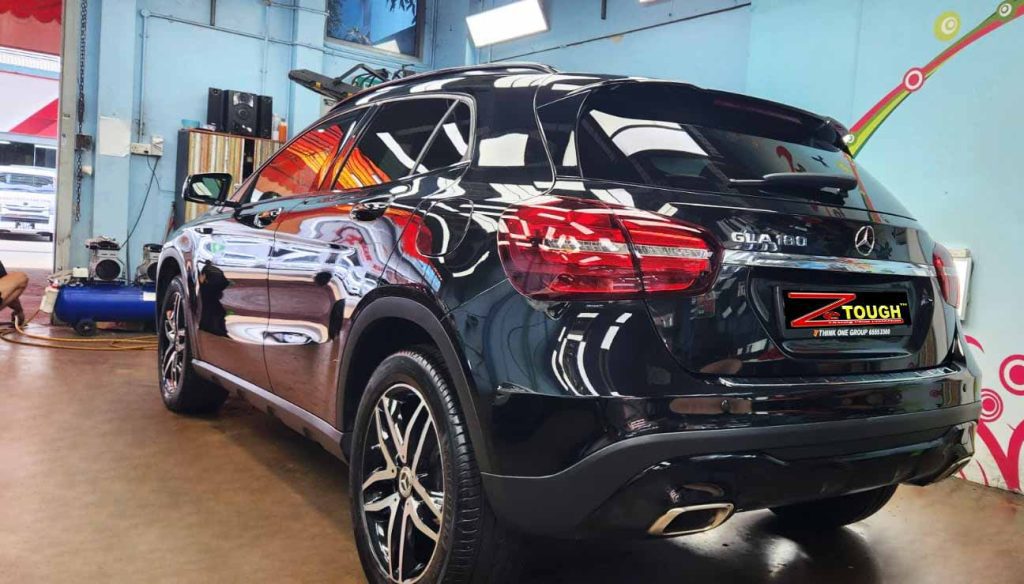 Rear quarter of the Mercedes-Benz GLA 180, glossy and protected.