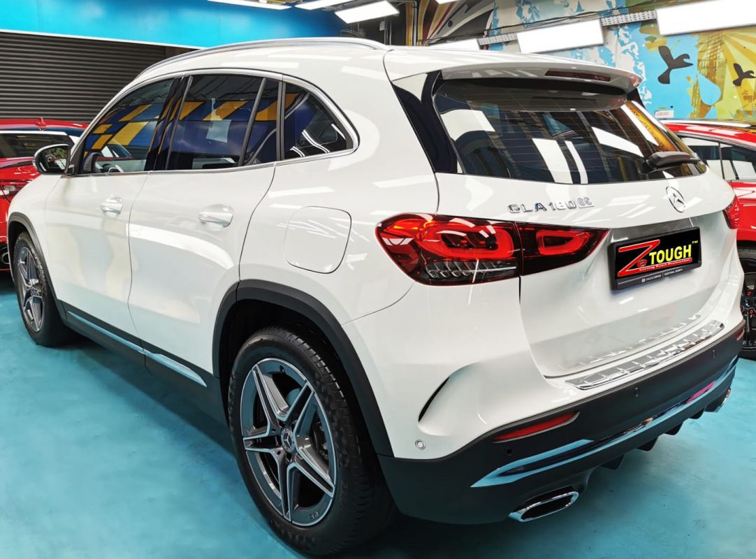 Rear quarter of the GLA 180, glossy and protected.