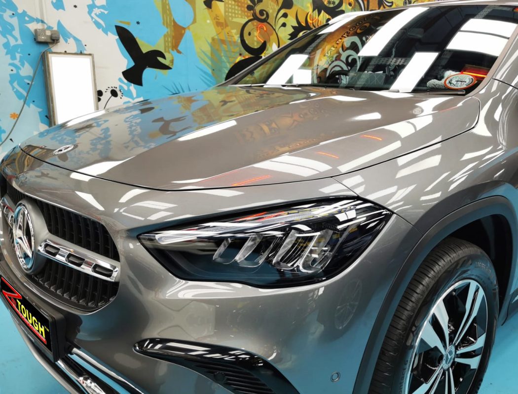 The Mercedes-Benz GLA180 from a side angle after the titanium coating.