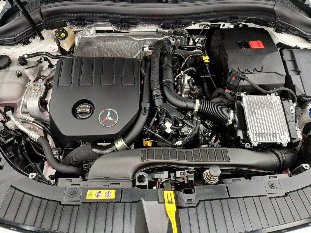 The Mercedes-Benz GLA180 parked in the workshop, freshly coated.