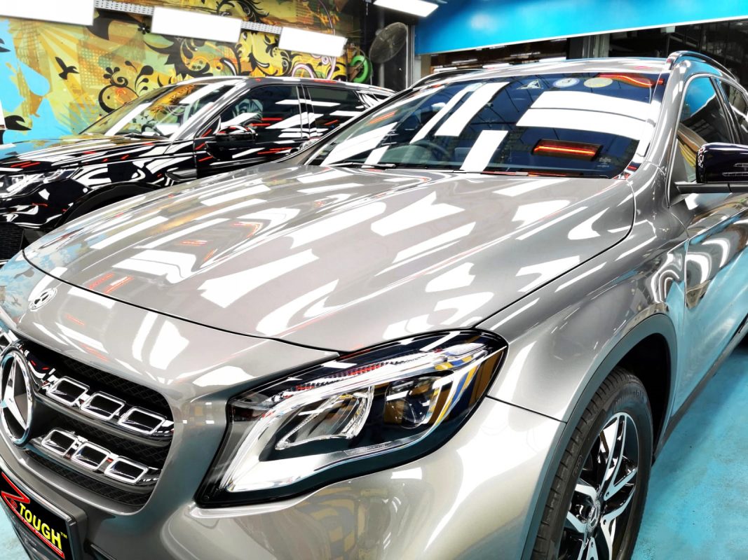 The Mercedes-Benz GLA180 from a side angle after the ceramic coating.