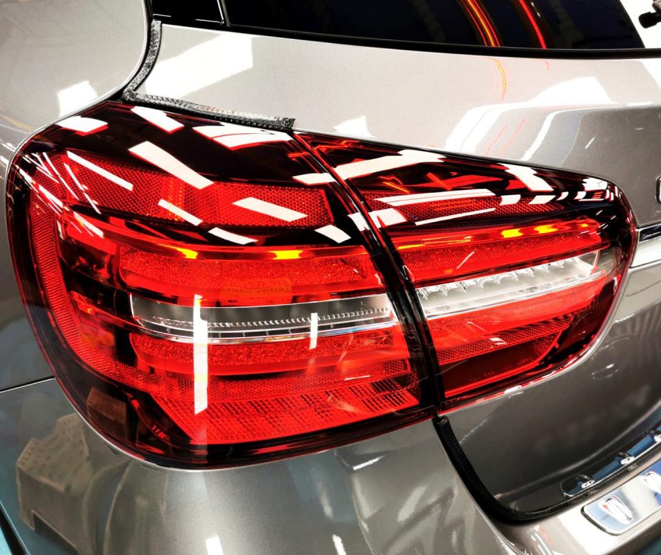 The coated bonnet of the GLA180 under workshop lighting.