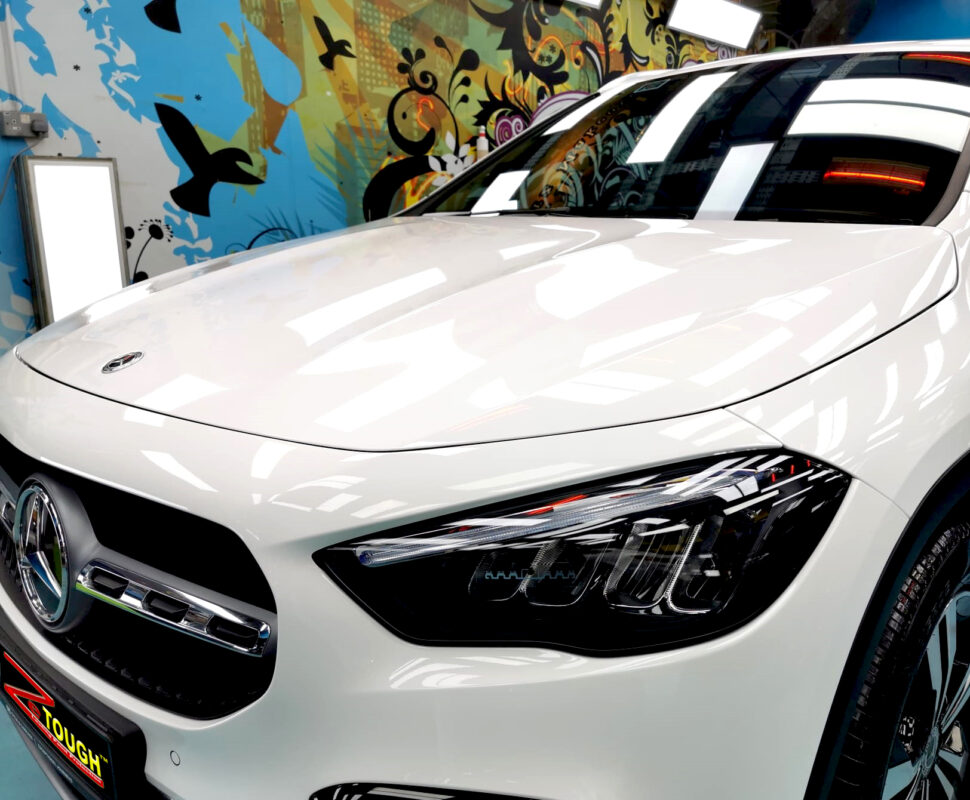 The Mercedes-Benz GLA180 from a side angle after the ceramic coating.